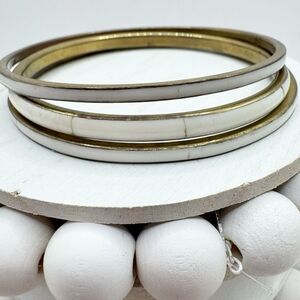 Vintage Brass Bangle Bracelet Set Of 3 White Inlaid Bone Or Lucite